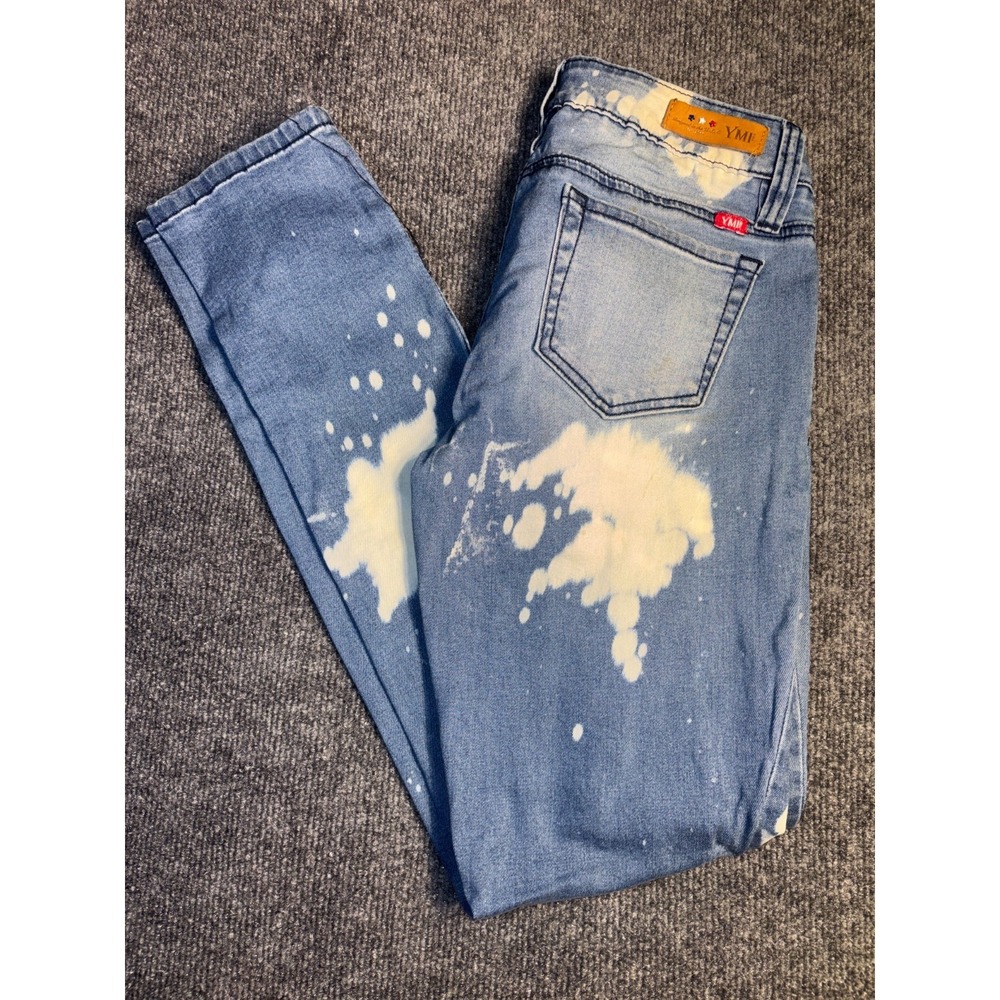 YMI Jeans Women's Size 5 Blue Denim Acid Wash White Bleach Splatter Straight Leg